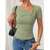 imageZESICA Womens Short Sleeve Asymmetrical Neck Ruched Slim Fit T Shirts 2026 Summer Casul Trendy Clothes Y2K Going Out TopsGreen