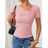 imageZESICA Womens Short Sleeve Asymmetrical Neck Ruched Slim Fit T Shirts 2026 Summer Casul Trendy Clothes Y2K Going Out TopsPink