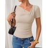 imageZESICA Womens Short Sleeve Asymmetrical Neck Ruched Slim Fit T Shirts 2026 Summer Casul Trendy Clothes Y2K Going Out TopsSand