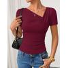 imageZESICA Womens Short Sleeve Asymmetrical Neck Ruched Slim Fit T Shirts 2026 Summer Casul Trendy Clothes Y2K Going Out TopsWine