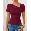 imageZESICA Womens Short Sleeve Asymmetrical Neck Ruched Slim Fit T Shirts 2026 Summer Casul Trendy Clothes Y2K Going Out TopsWine