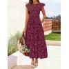 imageZESICA Womens Summer Boho Floral Midi Dress 2026 Casual Flutter Short Sleeve Crewneck Smocked Flowy Beach Long DressesWine