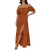 imageZESICA Womens 2026 Boho Sexy Off Shoulder Short Sleeve Smocked Side Split Flowy A Line Tiered Long Maxi Dress with PocketsCaramel