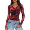 imageZESICA Womens Floral Mesh Long Sleeve Tops 2026 Fall Cowl Neck Slim Fit Going Out Y2k Shirts Trendy Date Night OutfitsRed