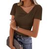 imageZESICA Womens Short Sleeve Asymmetrical Neck Ruched Slim Fit T Shirts 2026 Summer Casul Trendy Clothes Y2K Going Out TopsCoffee