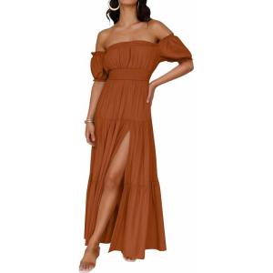 imageZESICA Womens 2026 Boho Sexy Off Shoulder Short Sleeve Smocked Side Split Flowy A Line Tiered Long Maxi Dress with PocketsCaramel