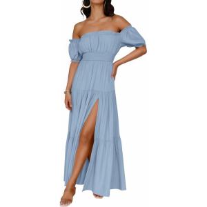 imageZESICA Womens 2026 Boho Sexy Off Shoulder Short Sleeve Smocked Side Split Flowy A Line Tiered Long Maxi Dress with PocketsLight Blue