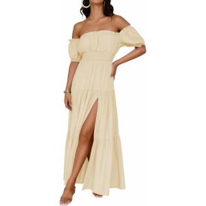 imageZESICA Womens 2026 Boho Sexy Off Shoulder Short Sleeve Smocked Side Split Flowy A Line Tiered Long Maxi Dress with PocketsLight Yellow