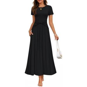 imageZESICA Womens 2026 Summer Short Sleeve Maxi Dresses Twist Front Wedding Guest Cocktail Flowy A Line Long DressBlack