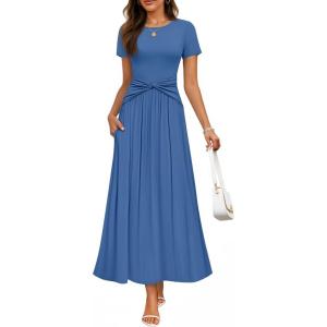 imageZESICA Womens 2026 Summer Short Sleeve Maxi Dresses Twist Front Wedding Guest Cocktail Flowy A Line Long DressBlue