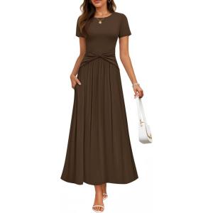 imageZESICA Womens 2026 Summer Short Sleeve Maxi Dresses Twist Front Wedding Guest Cocktail Flowy A Line Long DressBrown