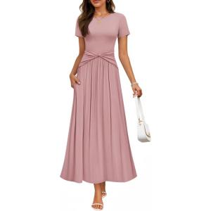 imageZESICA Womens 2026 Summer Short Sleeve Maxi Dresses Twist Front Wedding Guest Cocktail Flowy A Line Long DressPink