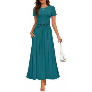 imageZESICA Womens 2026 Summer Short Sleeve Maxi Dresses Twist Front Wedding Guest Cocktail Flowy A Line Long DressTeal