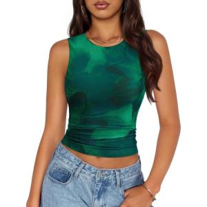 imageZESICA Womens 2026 Summer Sleeveless Floral Tank Tops Mesh Y2K Crop Going Out Outfits Beach Vacation Trendy ClothesGreen