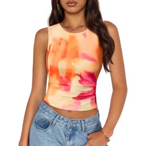 imageZESICA Womens 2026 Summer Sleeveless Floral Tank Tops Mesh Y2K Crop Going Out Outfits Beach Vacation Trendy ClothesOrange