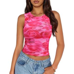 imageZESICA Womens 2026 Summer Sleeveless Floral Tank Tops Mesh Y2K Crop Going Out Outfits Beach Vacation Trendy ClothesRose