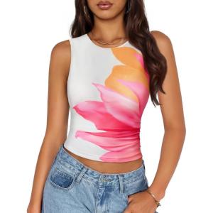 imageZESICA Womens 2026 Summer Sleeveless Floral Tank Tops Mesh Y2K Crop Going Out Outfits Beach Vacation Trendy ClothesWhite