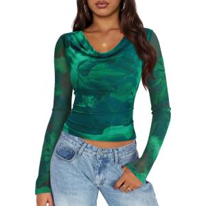 imageZESICA Womens Floral Mesh Long Sleeve Tops 2026 Fall Cowl Neck Slim Fit Going Out Y2k Shirts Trendy Date Night OutfitsGreen