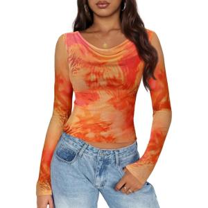 imageZESICA Womens Floral Mesh Long Sleeve Tops 2026 Fall Cowl Neck Slim Fit Going Out Y2k Shirts Trendy Date Night OutfitsTangerine