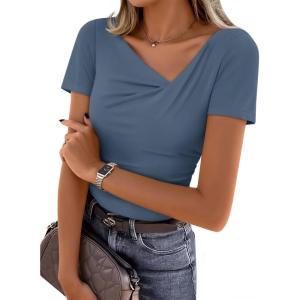 imageZESICA Womens Short Sleeve Asymmetrical Neck Ruched Slim Fit T Shirts 2026 Summer Casul Trendy Clothes Y2K Going Out TopsDusty Blue