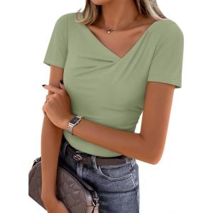 imageZESICA Womens Short Sleeve Asymmetrical Neck Ruched Slim Fit T Shirts 2026 Summer Casul Trendy Clothes Y2K Going Out TopsGreen