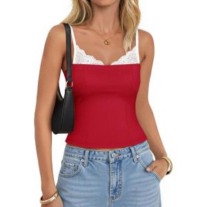 imageZESICA Womens Sleeveless Lace Camisole Tops Summer 2026 Spaghetti Strap Tank Top Y2k Sexy Going Out Trendy ShirtsRed