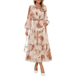 imageZESICA Womens Spring Floral Long Sleeve Maxi Dresses 2026 Casual Button Belted Chiffon Boho Wedding Guest Party DressBrown
