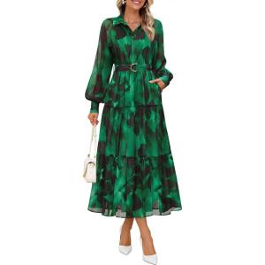 imageZESICA Womens Spring Floral Long Sleeve Maxi Dresses 2026 Casual Button Belted Chiffon Boho Wedding Guest Party DressDarkgreen