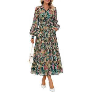 imageZESICA Womens Spring Floral Long Sleeve Maxi Dresses 2026 Casual Button Belted Chiffon Boho Wedding Guest Party DressGreen