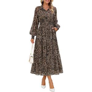 imageZESICA Womens Spring Floral Long Sleeve Maxi Dresses 2026 Casual Button Belted Chiffon Boho Wedding Guest Party DressLeopard