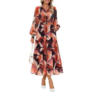 imageZESICA Womens Spring Floral Long Sleeve Maxi Dresses 2026 Casual Button Belted Chiffon Boho Wedding Guest Party DressOrange