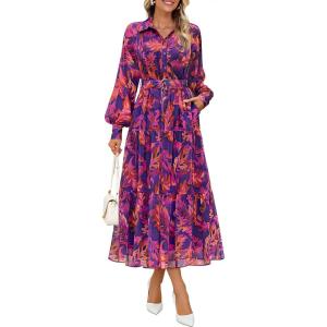 imageZESICA Womens Spring Floral Long Sleeve Maxi Dresses 2026 Casual Button Belted Chiffon Boho Wedding Guest Party DressPurple