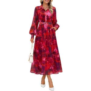 imageZESICA Womens Spring Floral Long Sleeve Maxi Dresses 2026 Casual Button Belted Chiffon Boho Wedding Guest Party DressRed