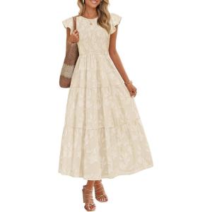 imageZESICA Womens Summer Boho Floral Midi Dress 2026 Casual Flutter Short Sleeve Crewneck Smocked Flowy Beach Long DressesApricot