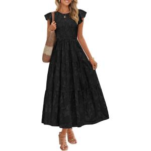 imageZESICA Womens Summer Boho Floral Midi Dress 2026 Casual Flutter Short Sleeve Crewneck Smocked Flowy Beach Long DressesBlack