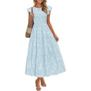 imageZESICA Womens Summer Boho Floral Midi Dress 2026 Casual Flutter Short Sleeve Crewneck Smocked Flowy Beach Long DressesBlue