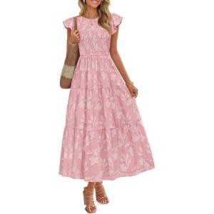 imageZESICA Womens Summer Boho Floral Midi Dress 2026 Casual Flutter Short Sleeve Crewneck Smocked Flowy Beach Long DressesPink