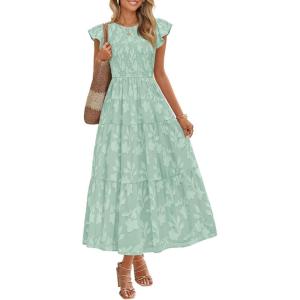 imageZESICA Womens Summer Boho Floral Midi Dress 2026 Casual Flutter Short Sleeve Crewneck Smocked Flowy Beach Long DressesSage