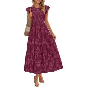 imageZESICA Womens Summer Boho Floral Midi Dress 2026 Casual Flutter Short Sleeve Crewneck Smocked Flowy Beach Long DressesWine