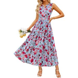 imageZESICA Womens Summer Boho Floral Sleeveless Midi Dress 2026 V Neck A Line Flowy Casual Beach Long Dresses with PocketsSky Blue
