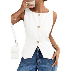 imageZESICA Womens Summer Sleeveless Suit Vest 2026 Boat Neck Button Down Formal Business Casual Trendy Work Blazer WaistcoatWhite