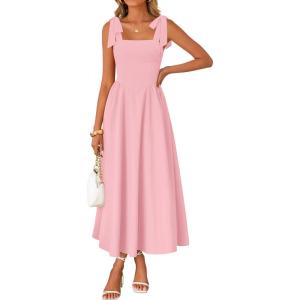 imageZESICA Womens Summer Spaghetti Strap Maxi Dress 2026 Tie Shoulder Square Neck Flowy Wedding Guest Party Beach Long DressesPink
