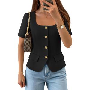 imageZESICA Womens Trendy Vests Top 2026 Spring Summer Square Neck Short Sleeve Blazer Button Down Crop Casual Work BlouseBlack