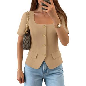 imageZESICA Womens Trendy Vests Top 2026 Spring Summer Square Neck Short Sleeve Blazer Button Down Crop Casual Work BlouseKhaki