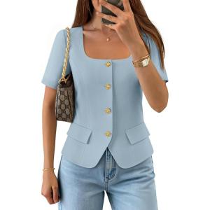 imageZESICA Womens Trendy Vests Top 2026 Spring Summer Square Neck Short Sleeve Blazer Button Down Crop Casual Work BlouseLight Blue