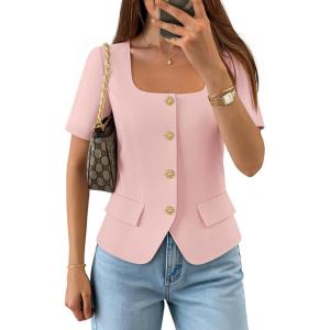 imageZESICA Womens Trendy Vests Top 2026 Spring Summer Square Neck Short Sleeve Blazer Button Down Crop Casual Work BlouseLight Pink