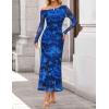 imageZESICA Womens Long Sleeve Floral Maxi Dress 2026 Fall Off Shoulder Bodycon Ruched Mesh Cocktail Wedding Guest DressesBlue