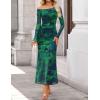 imageZESICA Womens Long Sleeve Floral Maxi Dress 2026 Fall Off Shoulder Bodycon Ruched Mesh Cocktail Wedding Guest DressesGreen