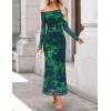 imageZESICA Womens Long Sleeve Floral Maxi Dress 2026 Fall Off Shoulder Bodycon Ruched Mesh Cocktail Wedding Guest DressesGreen