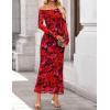 imageZESICA Womens Long Sleeve Floral Maxi Dress 2026 Fall Off Shoulder Bodycon Ruched Mesh Cocktail Wedding Guest DressesRed